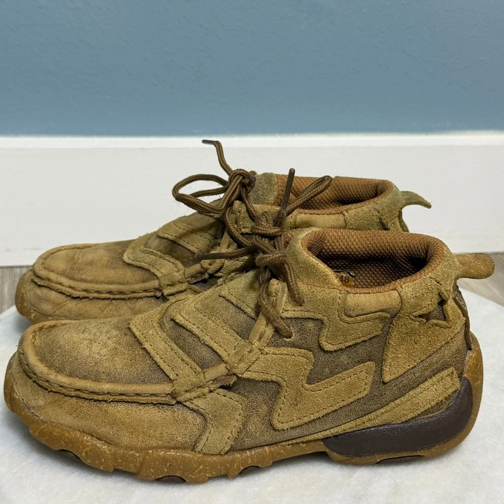 Twisted X Kids Brown Leather Star Overlay Driving Moccasins Lace Up Shoes farm *